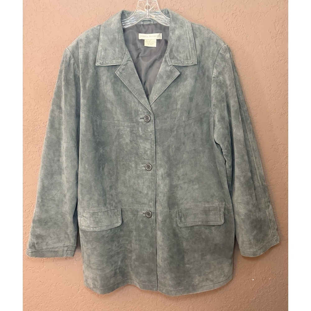 Jessica Holbrook Leather Suede Women's 1X Blue Gray Mid Length Lined Blazer